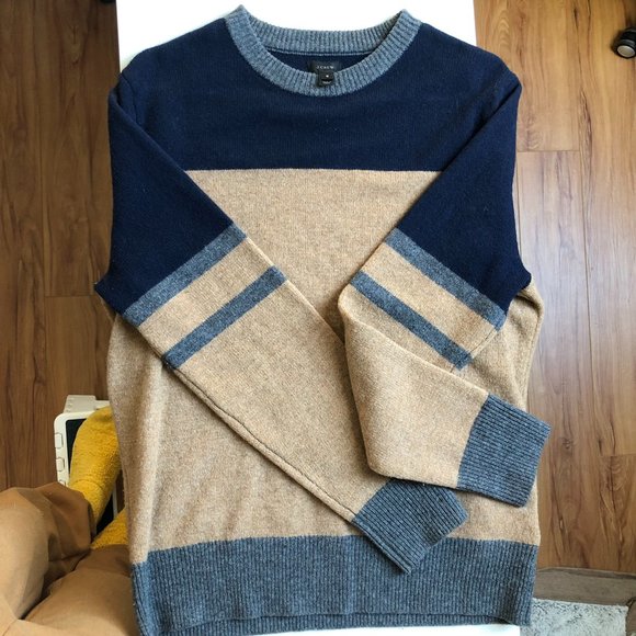 J.Crew Mens Blue Brown 100% Lambswool Crew Neck Pullover Sweater Size Medium - Picture 2 of 5